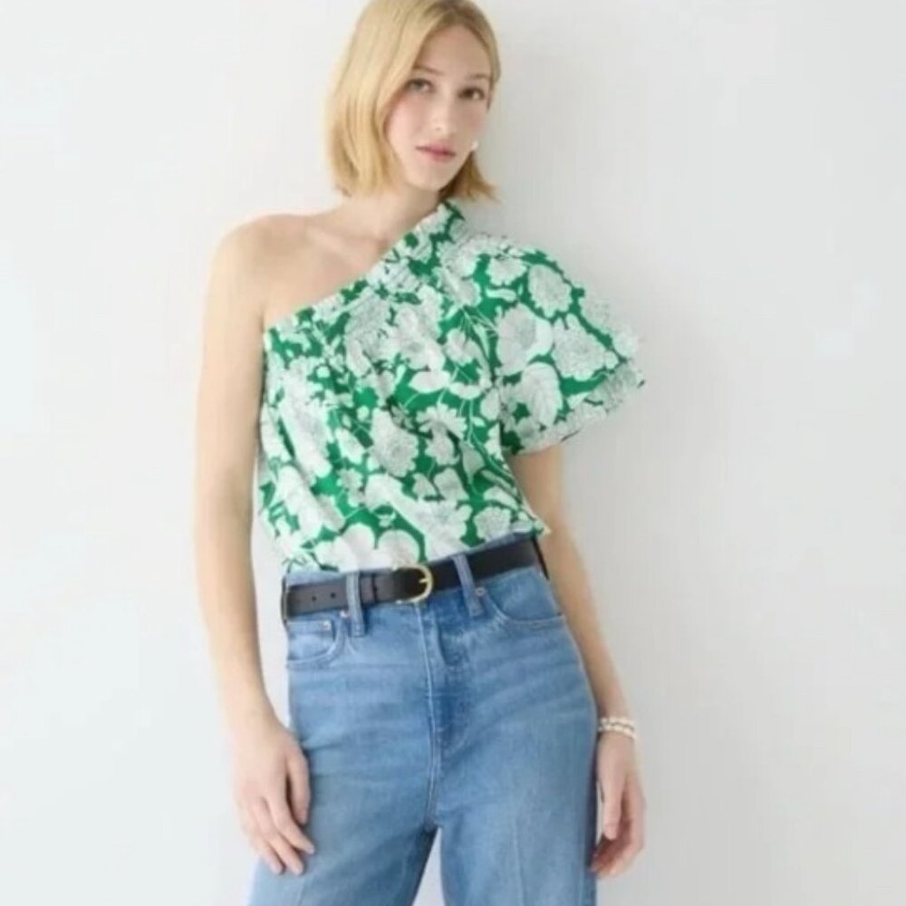 J. Crew Smocked One-Shoulder Top/Blouse/Shirt Kelly Green & White Floral Small